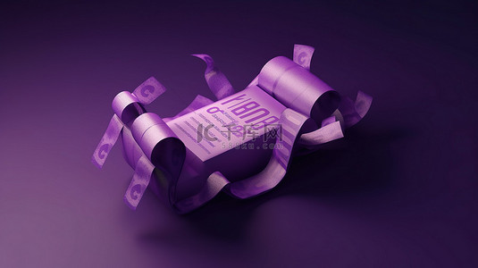 紫色背景的 3D 渲染插图，包含开放式礼物和印有百分号的折扣优惠券
