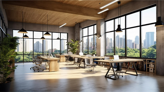 联合办公室的 3D 渲染，具有城市景观木质和明亮的混凝土室内设计家具和设备