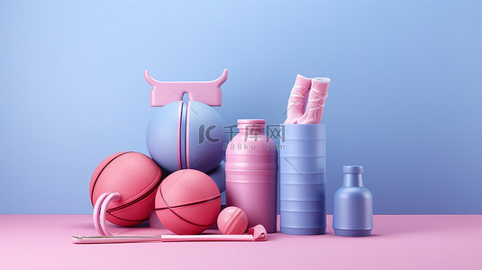 健康生活方式包装运动装备在柔和的蓝色和粉色背景下的 3D 渲染