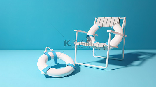 躺椅背景图片_明亮的蓝色背景，带有 3D 渲染的白色和蓝色躺椅和救生圈
