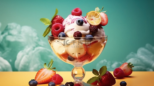 美味的蜂蜜背景图片_美味的水果和浆果冰淇淋甜点 3D AI 渲染