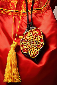 一件中国传统服装，上面挂着一个红黄黑的钱包
