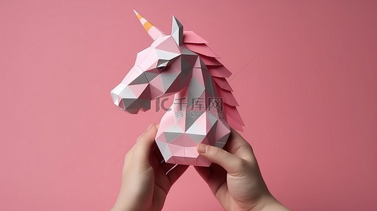 粉色独角兽背景图片_手中抱着一只粉红色的独角兽，带有复制空间的 3D 纸艺艺术品