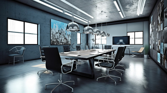 企业办公环境背景图片_在办公环境中以数字方式创建现代会议室的 3D 图像