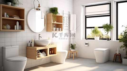 现代浴室配有白色瓷砖和木地板 3D 渲染