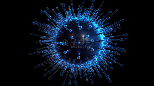 疫苗蓝色背景图片_黑色背景下蓝色冠状病毒细胞的三维渲染