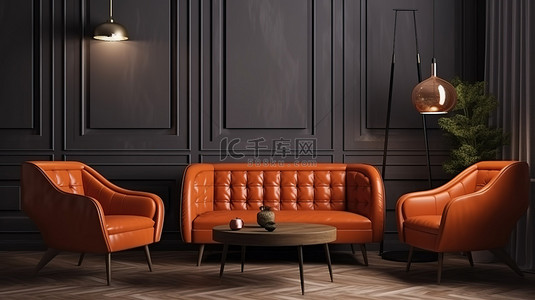 室内渲染图背景图片_橙色皮革扶手椅靠在墙上的 3d 渲染图，配有双人沙发沙发床和咖啡桌
