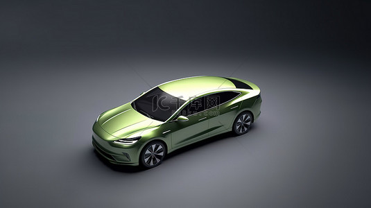 绿色混合动力汽车的 3D 渲染，放置在带有地面阴影的灰色背景上