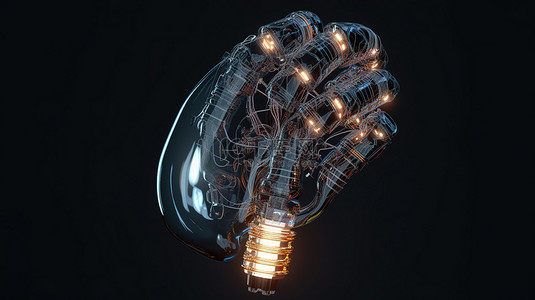灯泡电路背景图片_灯泡形电路板，带有机器人手的 3D 渲染图
