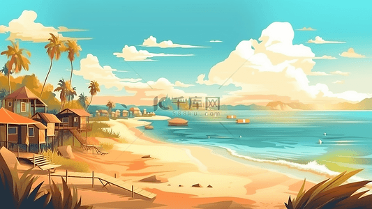 蓝天沙滩海边背景图片_旅游度假卡通背景
