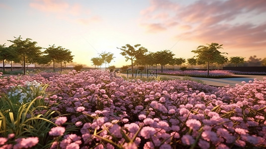 天空傍晚背景背景图片_傍晚阳光照亮乡村风景花卉种植园 3D 渲染