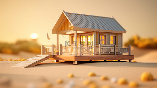 海滩边木制装饰小房子的 3D 插图