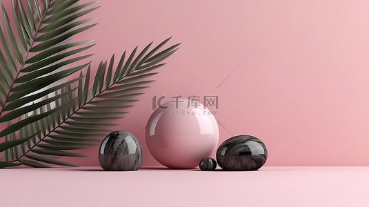 项目介绍背景图片_自然概念模板的 3D 渲染，具有抽象粉红色背景上的棕榈叶和岩石