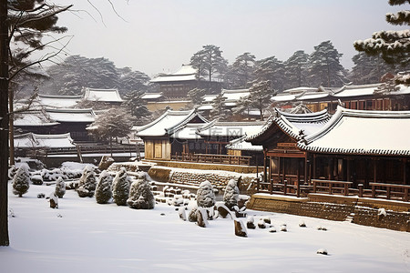 冬天古建筑背景图片_山清村 首尔 朝鲜 冬天 雪