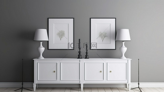 家居背景图片_时尚的走廊装饰，配有白色梳妆台和灰色墙框模型，带有双白色框架 3D 渲染