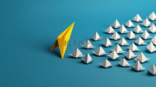 引领背景图片_黄纸飞机的 3D 渲染在代表领导概念的白色和蓝色背景中引领潮流