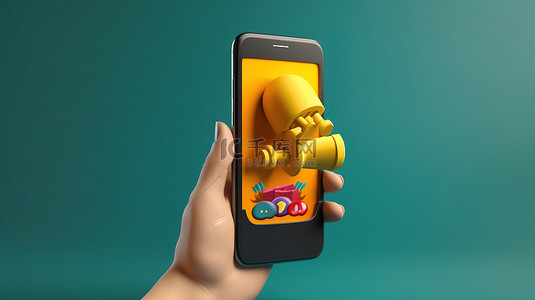手握手机的卡通 3D 插图，带有语音气泡通知和用于聊天提醒的铃声警报