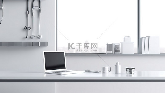 当代医生工作站配备平板电脑模型听诊器医疗剪贴板和 3D 渲染白色内饰