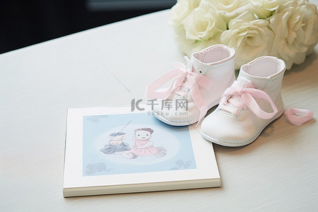相册旁边有一张照片和一双婴儿鞋