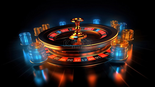 黑色背景 3D 轮盘赌轮，带有充满活力的橙色和蓝色灯光以及飞行金币