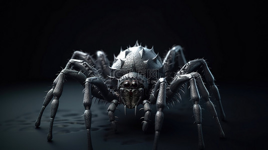 结网蜘蛛背景图片_3D 渲染一只怪异而可爱的黑蜘蛛，长着白牙，非常适合万圣节装饰