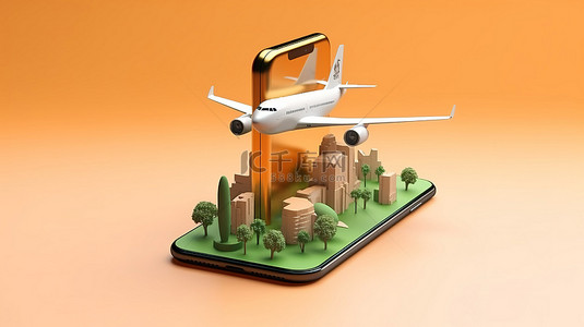 3D 风格旅游搜索应用营销横幅，配有手持电话和飞机