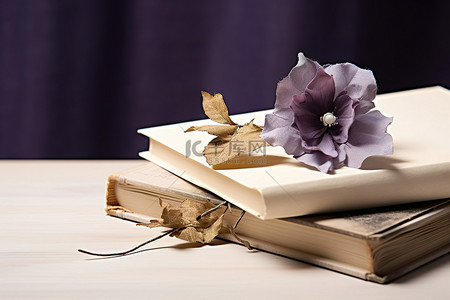 坐在彩虹上看书背景图片_紫色的花坐在书的上面