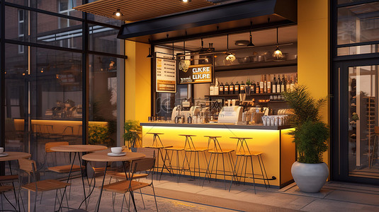 1 以菜单模型和横幅为特色的咖啡店建筑 3D 插图