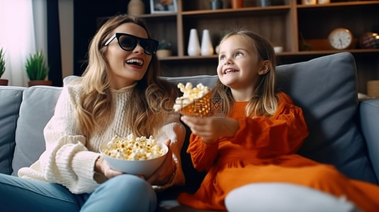 快乐的妈妈和有趣的女儿在沙发上戴着 3D 眼镜享用爆米花