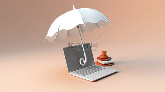 遮蔽笔记本电脑的白色雨伞 3D 渲染图像