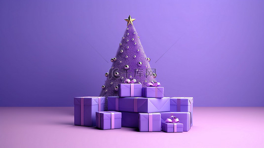 促销横幅，以圣诞树和新年快乐礼物为特色，紫色背景 3d 呈现