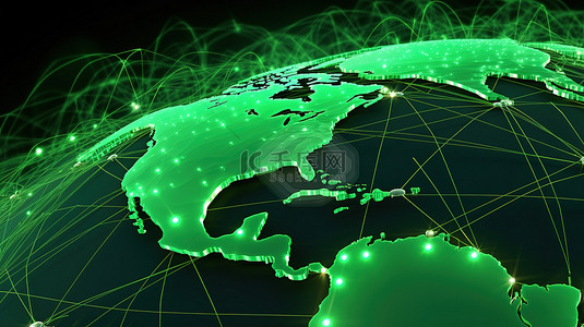 3d 渲染中充满活力的绿色地球周围的无线通信网络