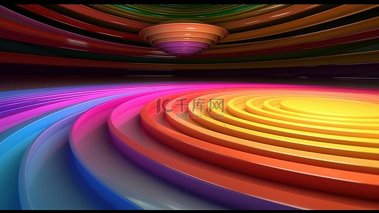 色彩缤纷的抽象人物的生动 3D 渲染，在简约的地板图案上被彩虹辉光照亮