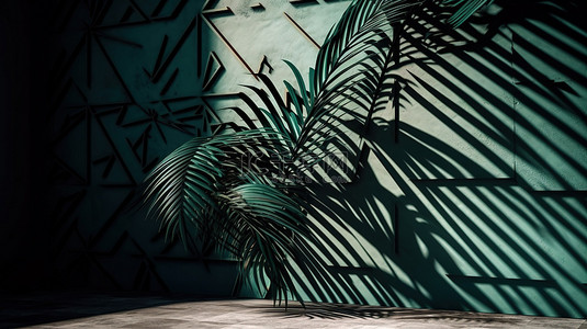 抽象热带背景图片_3D 渲染的阴影棕榈叶创建抽象墙背景