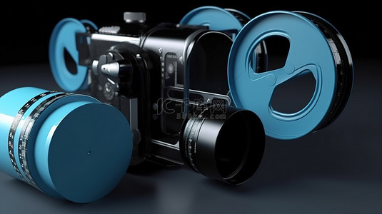 摄影机背景图片_3D 渲染中的蓝色电影摄影机和幻灯片，具有充足的文本或消息空间