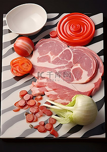 板板肉背景图片_一盘肉蔬菜和各种烹饪工具