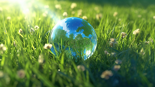 郁郁葱葱的绿草中由玻璃制成的地球仪的 3D 渲染概念