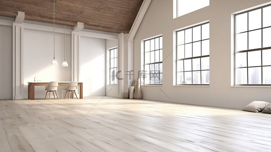 极简主义的斯堪的纳维亚美学 3D 渲染图，描绘了一间带木地板和宽阔墙壁的白色宽敞房间