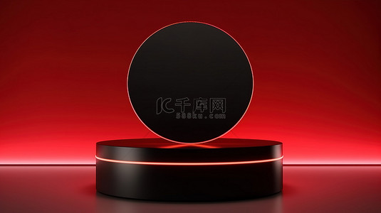 时尚的 3D 黑色讲台，配有照明灯箱和充满活力的红色背景，用于产品展示