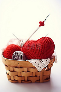 针织手工背景图片_用红心钩针纱线和织针手工制作的篮子