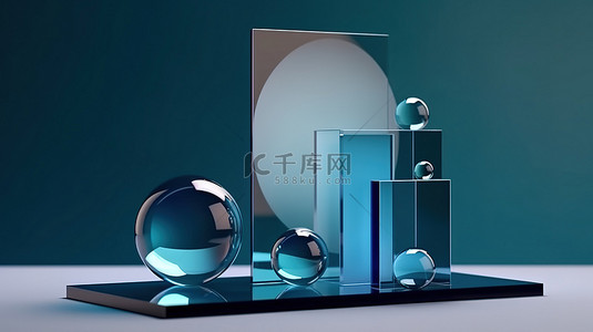 玻璃圆柱背景图片_玻璃模板样机上抽象几何形状的蓝色 3D 渲染