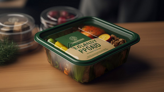 食品包装背景图片_具有 3D 标签渲染生态友好设计的可持续方形食品包装