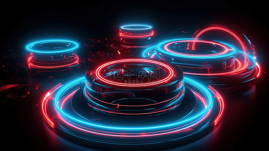 3D 渲染图像中的未来高科技背景蓝色和红色霓虹灯圆圈