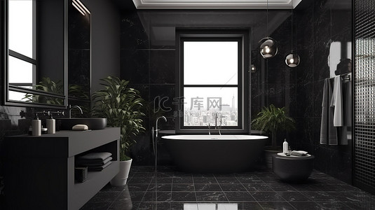 豪华瓷砖装饰在 3D 渲染中增强了黑色浴室的现代外观