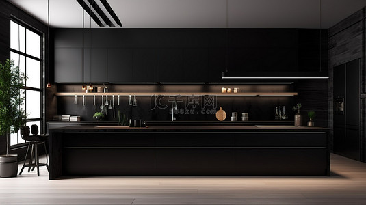 强调词汇背景图片_白色强调黑色厨房迷人的 3D 渲染