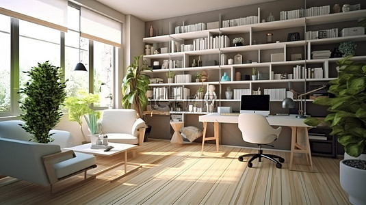 地点水印背景图片_家具齐全的客厅，配有电脑桌办公椅和书架 3D 插图