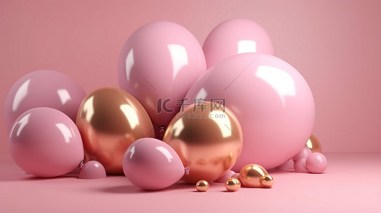 渲染气球背景图片_柔和的粉色和金色圆圈生日贺卡背景，带有 3D 渲染气球