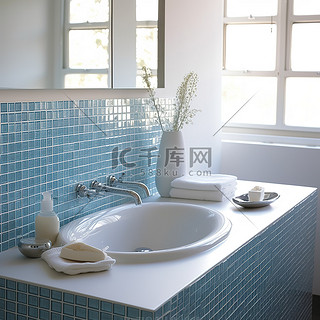 浴室背景图片_带蓝色瓷砖的浴室水槽台面