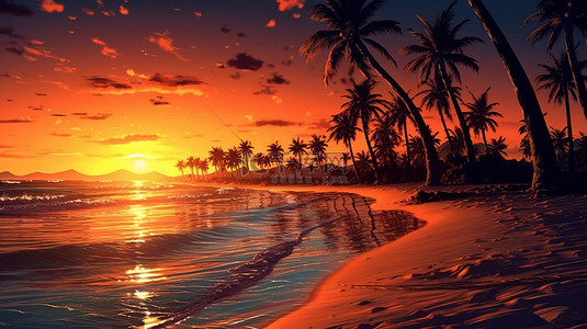令人惊叹的海滩日落的 3D 插图