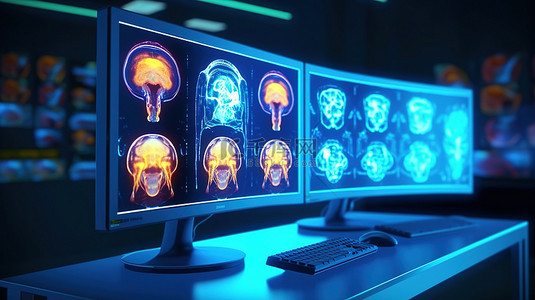 脑医疗背景图片_实验室 MRI 脑扫描的 3D 计算机显示器显示